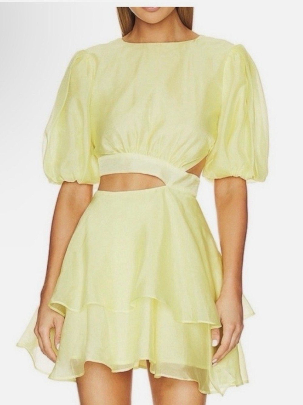 Bardot Lemon Cutout Tiered Puff-Sleeve Mini Dress